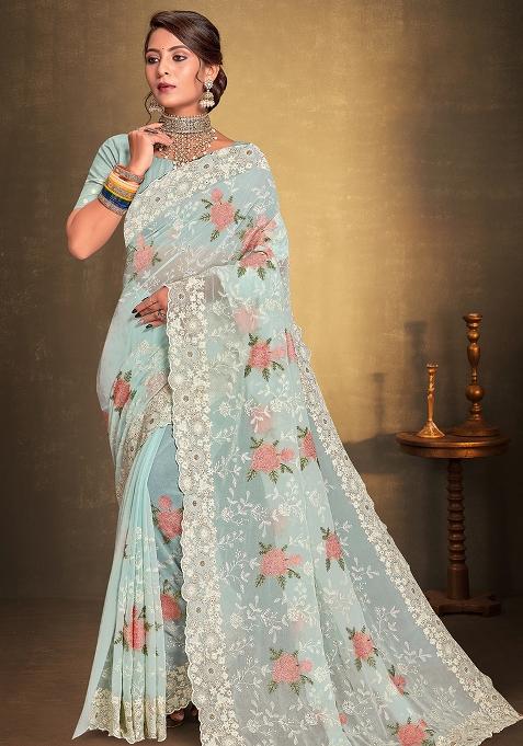 Mint Embroidered Georgette Saree Set