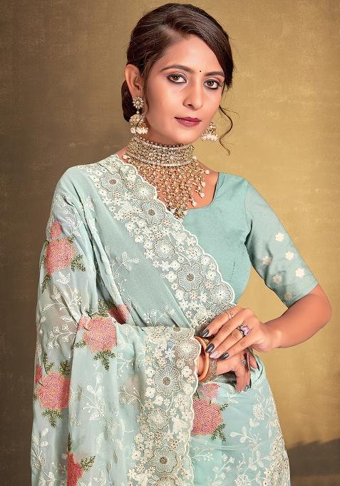 Mint Embroidered Georgette Saree Set