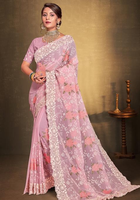 Pink Embroidered Georgette Saree Set