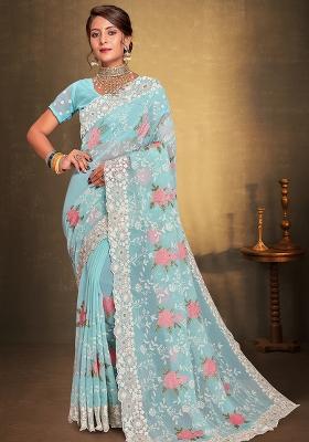 Sea Green Embroidered Georgette Saree Set