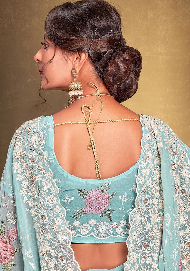 Sea Green Embroidered Georgette Saree Set - Indya