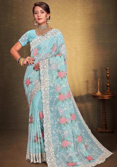 Sea Green Embroidered Georgette Saree Set