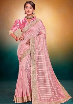 Pink Embroidered Fancy Jari Tissu Saree Set