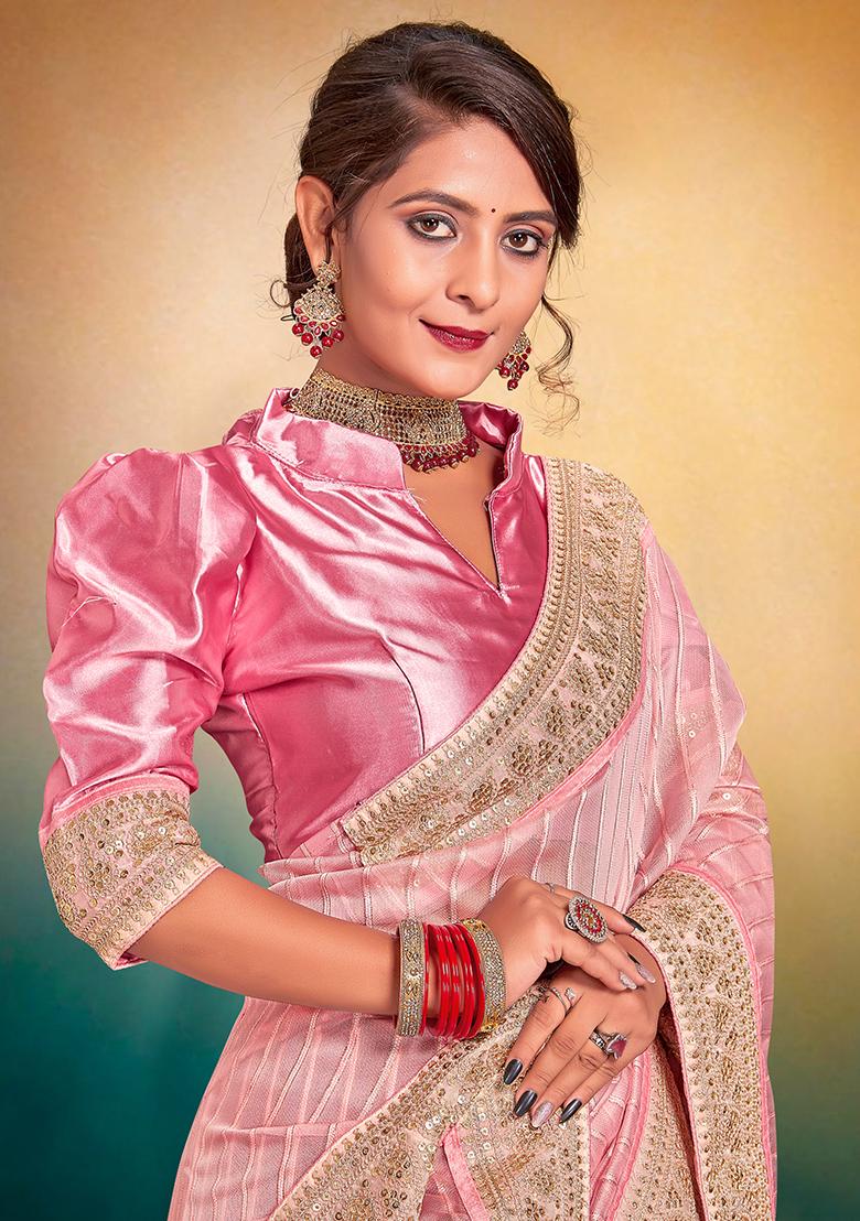 Pink Embroidered Fancy Jari Tissu Saree Set - Indya