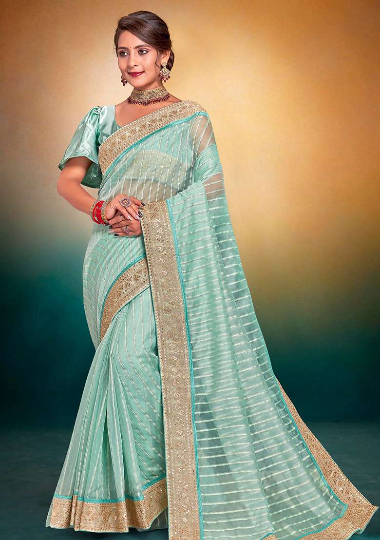 Sky Embroidered Fancy Jari Tissu Saree Set for Diwali and Festive Wear - Indya