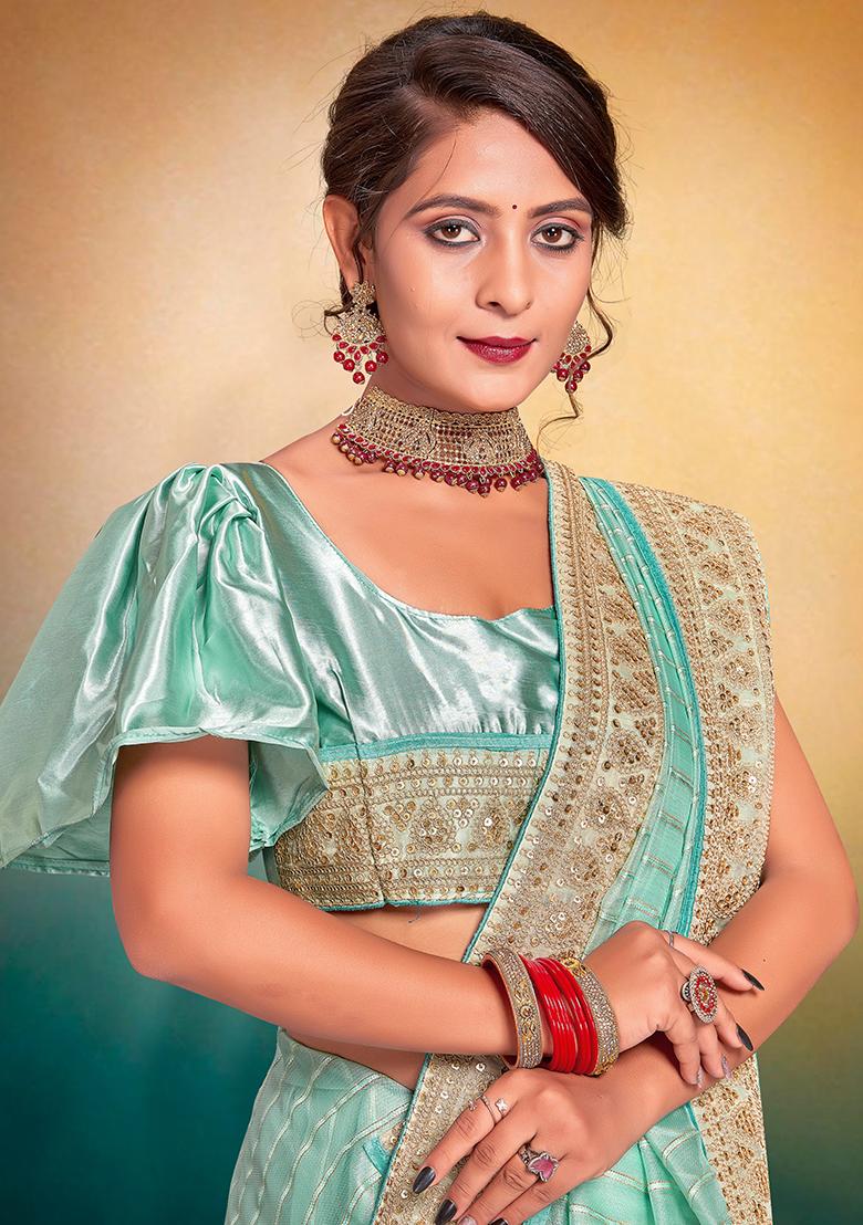 Sky Embroidered Fancy Jari Tissu Saree Set - Indya