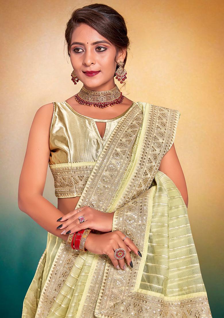 Pista Embroidered Fancy Jari Tissu Saree Set - Indya