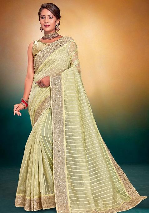 Pista Embroidered Fancy Jari Tissu Saree Set