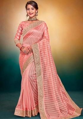 Peach Embroidered Fancy Jari Tissu Saree Set