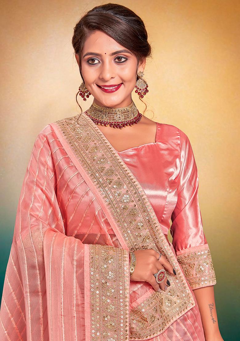 Peach Embroidered Fancy Jari Tissu Saree Set - Indya