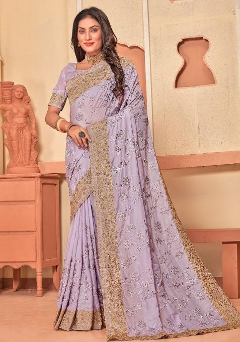 Lavender Embroidered Creap Silk Saree Set