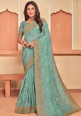 C Green Embroidered Creap Silk Saree Set