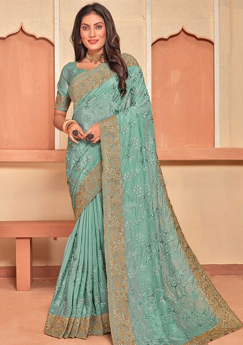 C Green Embroidered Creap Silk Blend Saree Set for Diwali and Festive Wear - Indya