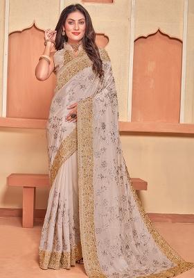 Dusty Chiku Embroidered Creap Silk Saree Set
