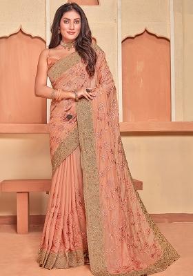 Dusty Peach Embroidered Creap Silk Saree Set
