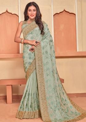 Dusty Pista Embroidered Creap Silk Saree Set