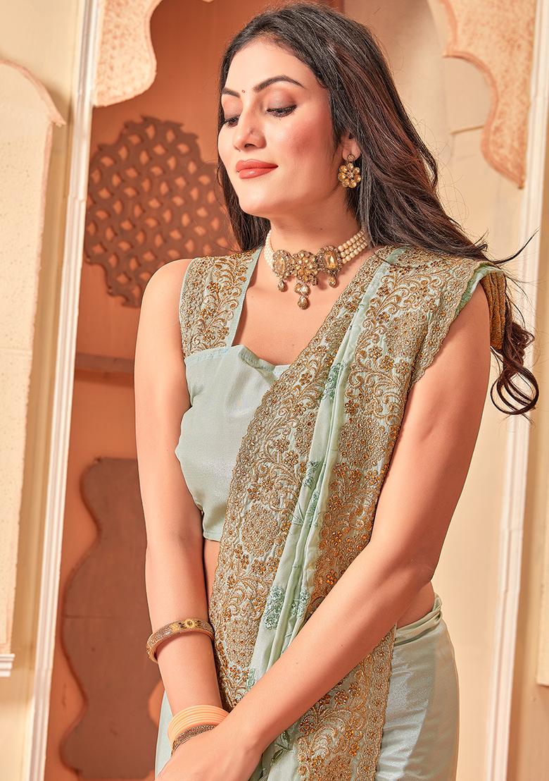 Dusty Pista Embroidered Creap Silk Saree Set - Indya