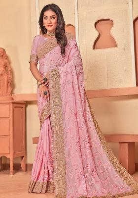 Baby Pink Embroidered Creap Silk Saree Set