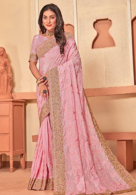 Baby Pink Embroidered Creap Silk Saree Set