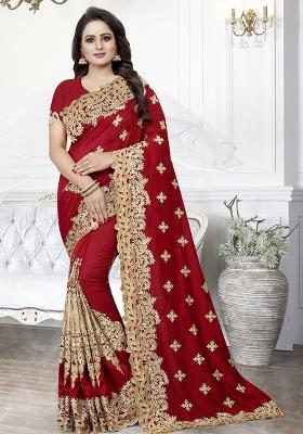 Red Embroidered Blue Cherry Silk Saree Set
