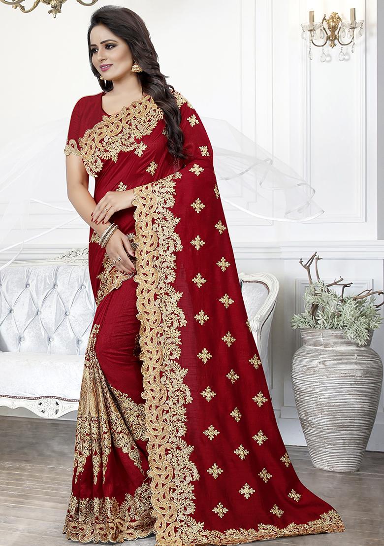 Red Embroidered Blue Cherry Silk Saree Set - Indya
