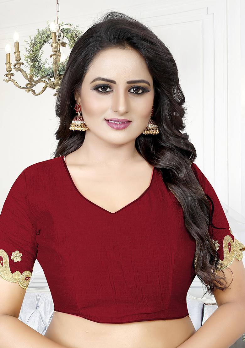 Red Embroidered Blue Cherry Silk Saree Set - Indya