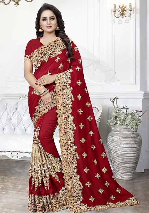 Red Embroidered Blue Cherry Silk Blend Saree Set