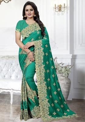 Rama Embroidered Blue Cherry Silk Saree Set