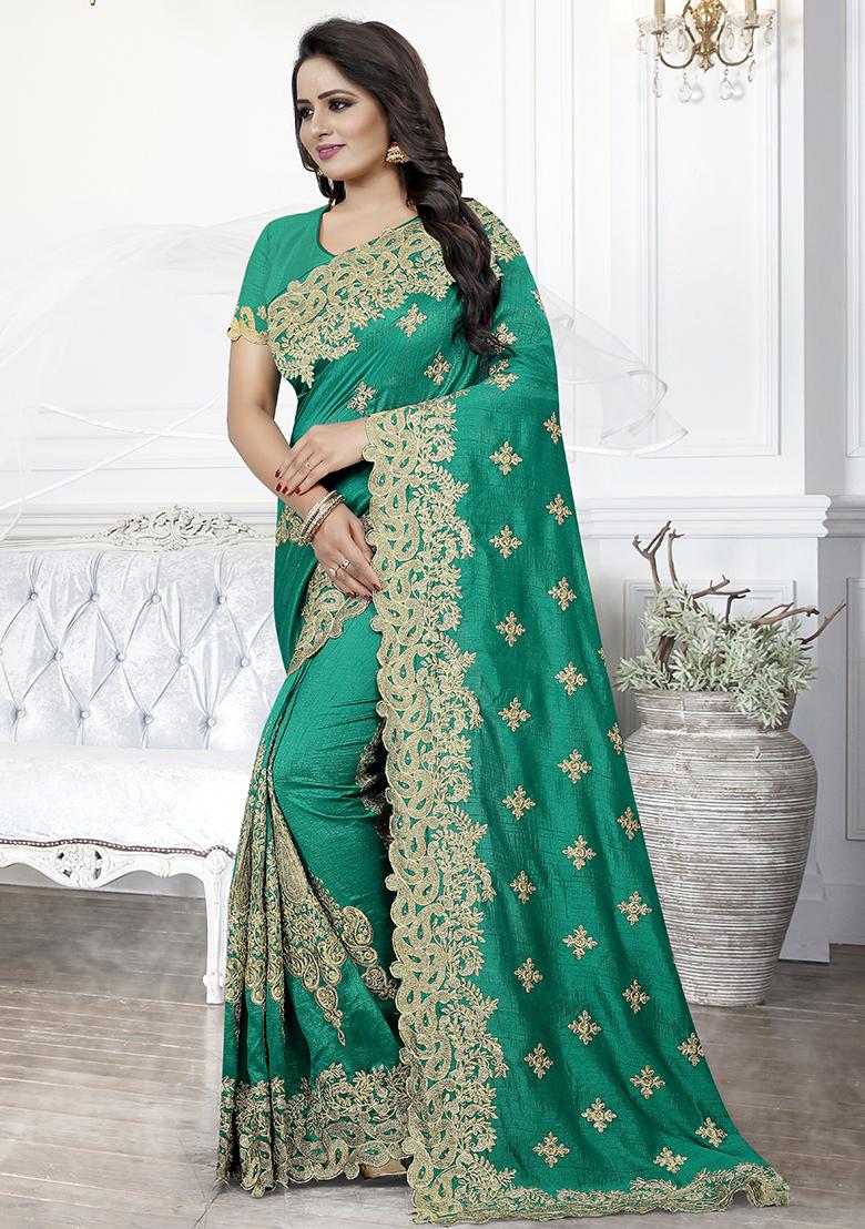 Rama Embroidered Blue Cherry Silk Saree Set - Indya