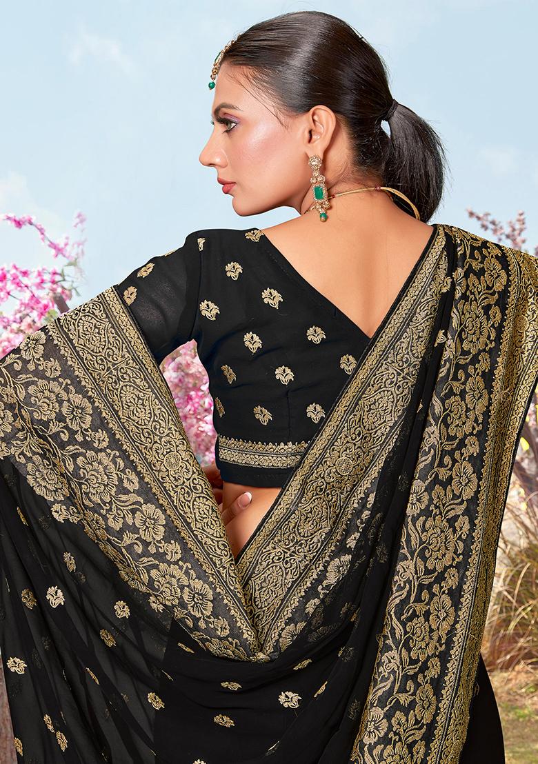 Black Embroidered Georgette Saree Set - Indya