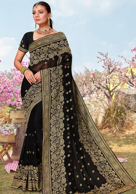 Black Embroidered Georgette Saree Set