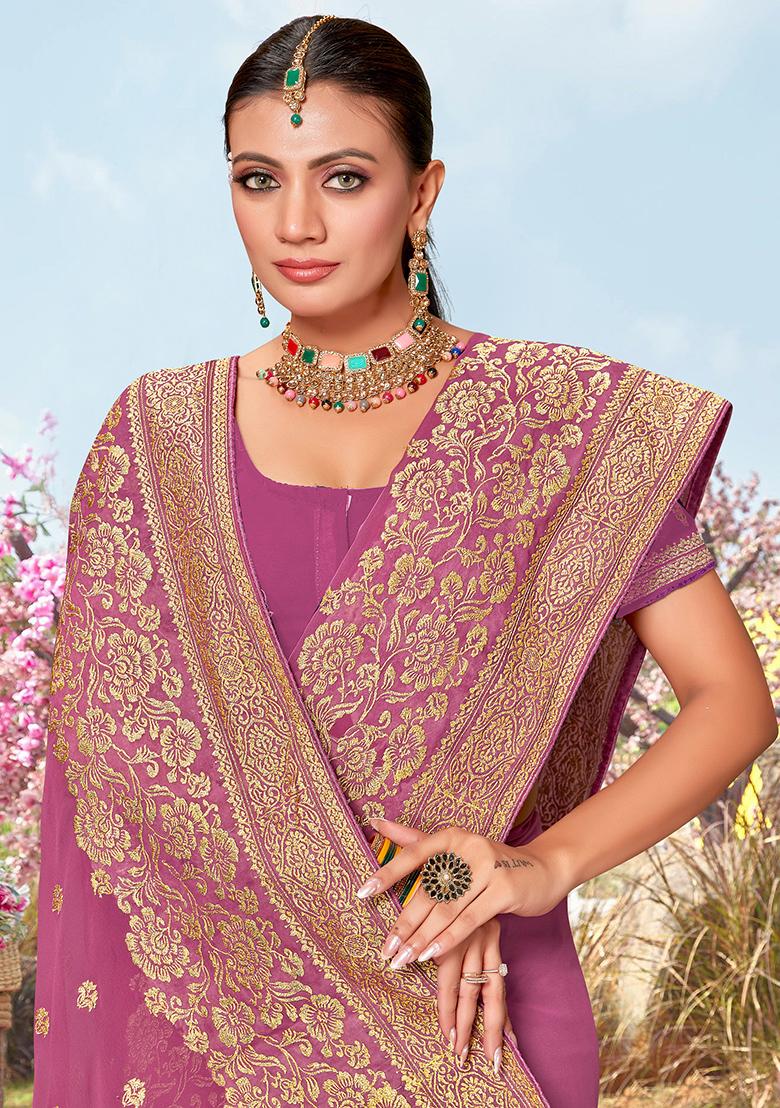 Pink Embroidered Georgette Saree Set - Indya