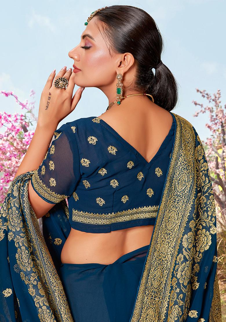 Morpeach Embroidered Georgette Saree Set - Indya