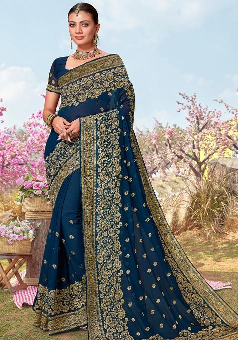 Morpeach Embroidered Georgette Saree Set