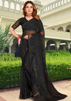 Black Embroidered Simmer Silk Saree Set