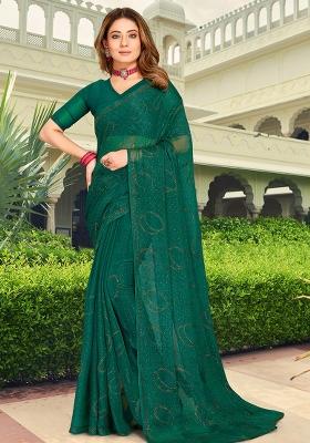 Green Embroidered Simmer Silk Saree Set