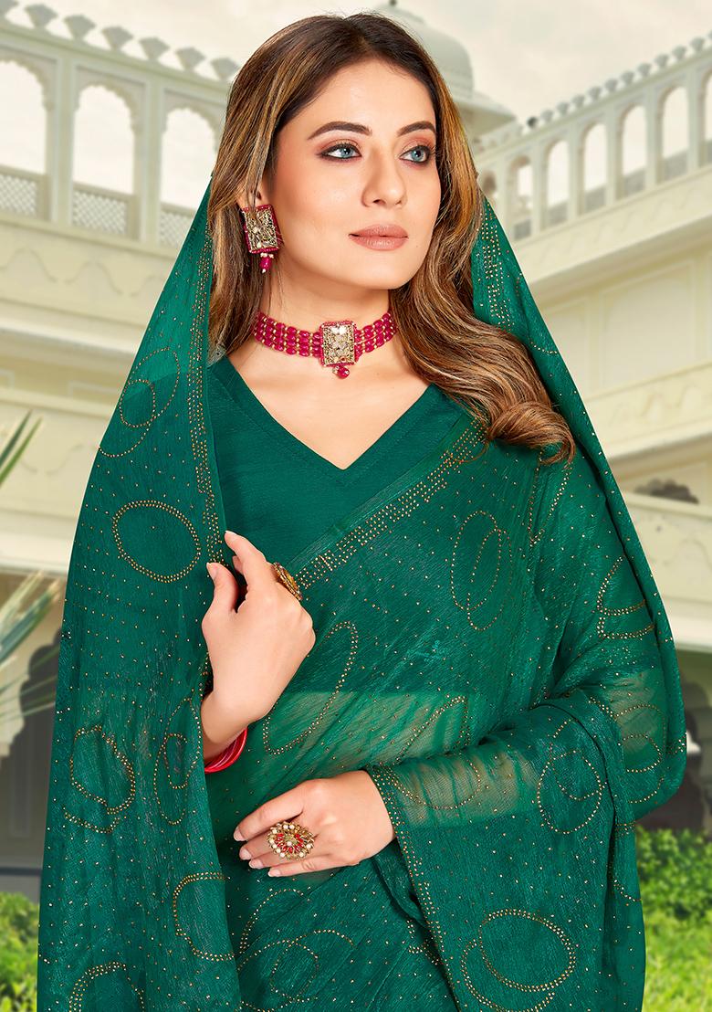 Green Embroidered Simmer Silk Saree Set - Indya