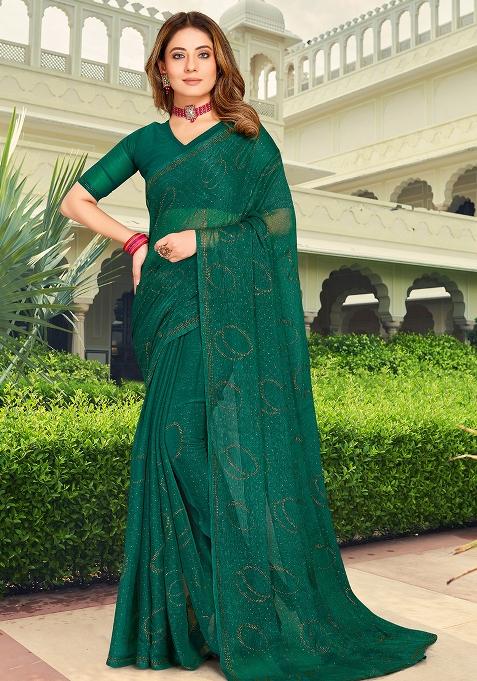 Green Embroidered Simmer Silk Saree Set