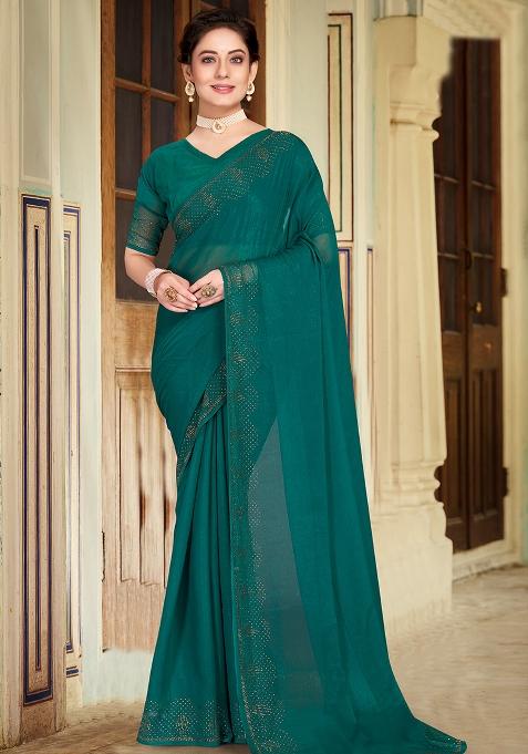 Green Embroidered Simmer Silk Saree Set