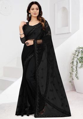 Black Embroidered Net Saree Set