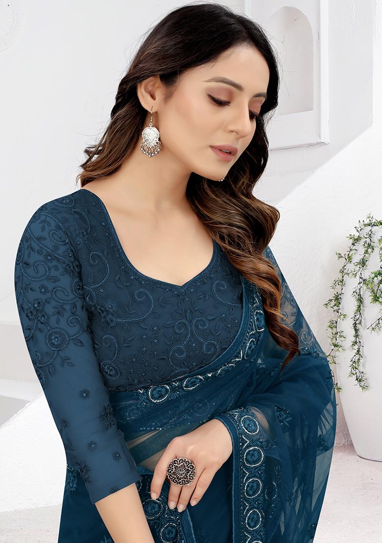 Morpeach Embroidered Net Saree Set - Indya