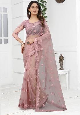 Dusty Pink Embroidered Net Saree Set
