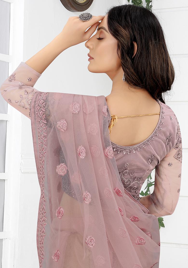 Dusty Pink Embroidered Net Saree Set - Indya