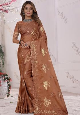 Rust Embroidered Organza Soft Silk Saree Set