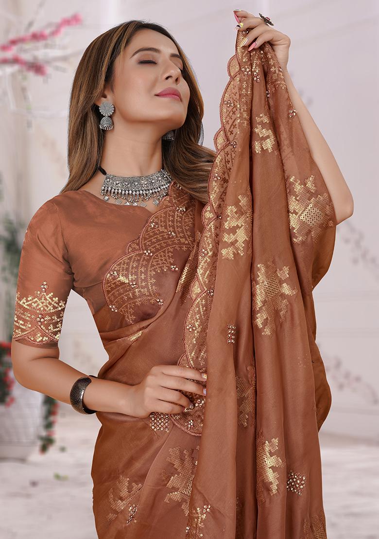 Rust Embroidered Organza Soft Silk Saree Set - Indya