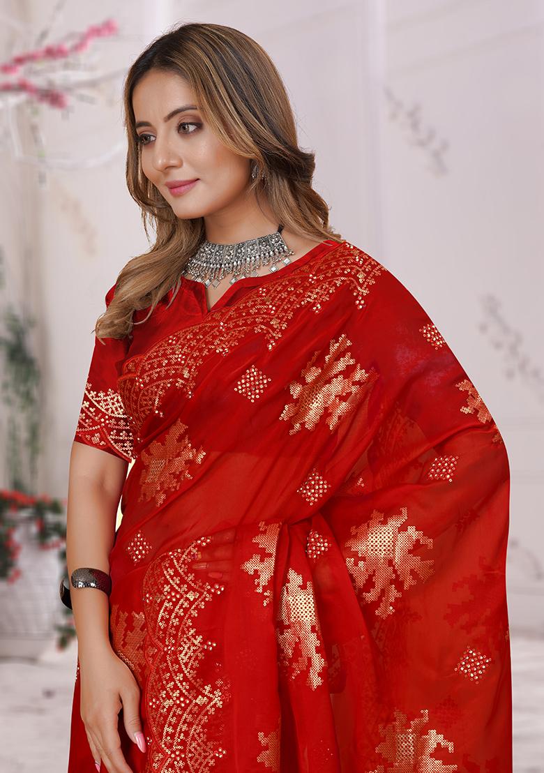 Red Embroidered Organza Soft Silk Saree Set
