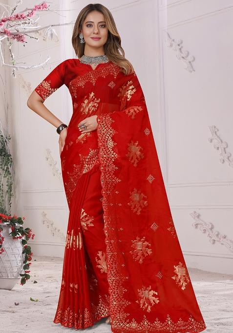 Red Embroidered Organza Soft Silk Saree Set