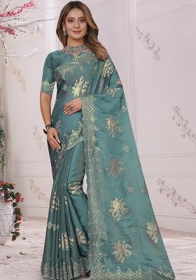 Dusty Sky Embroidered Organza Soft Silk Saree Set