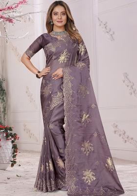 Lavender Embroidered Organza Soft Silk Saree Set