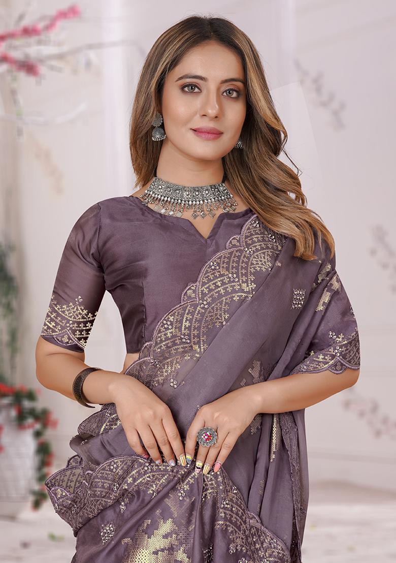 Lavender Embroidered Organza Soft Silk Saree Set - Indya